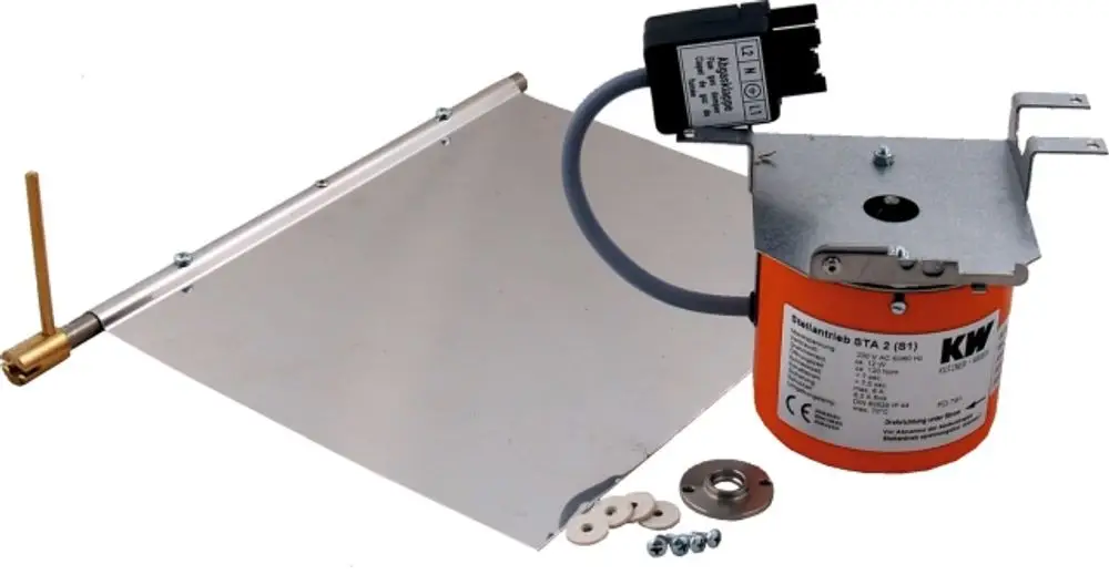 Wolfs Abgasklappe mit einem orangefarbenen Gehäuse, einem Metallarm und einer Halterung. Verschiedene Befestigungselemente liegen ebenfalls bei.